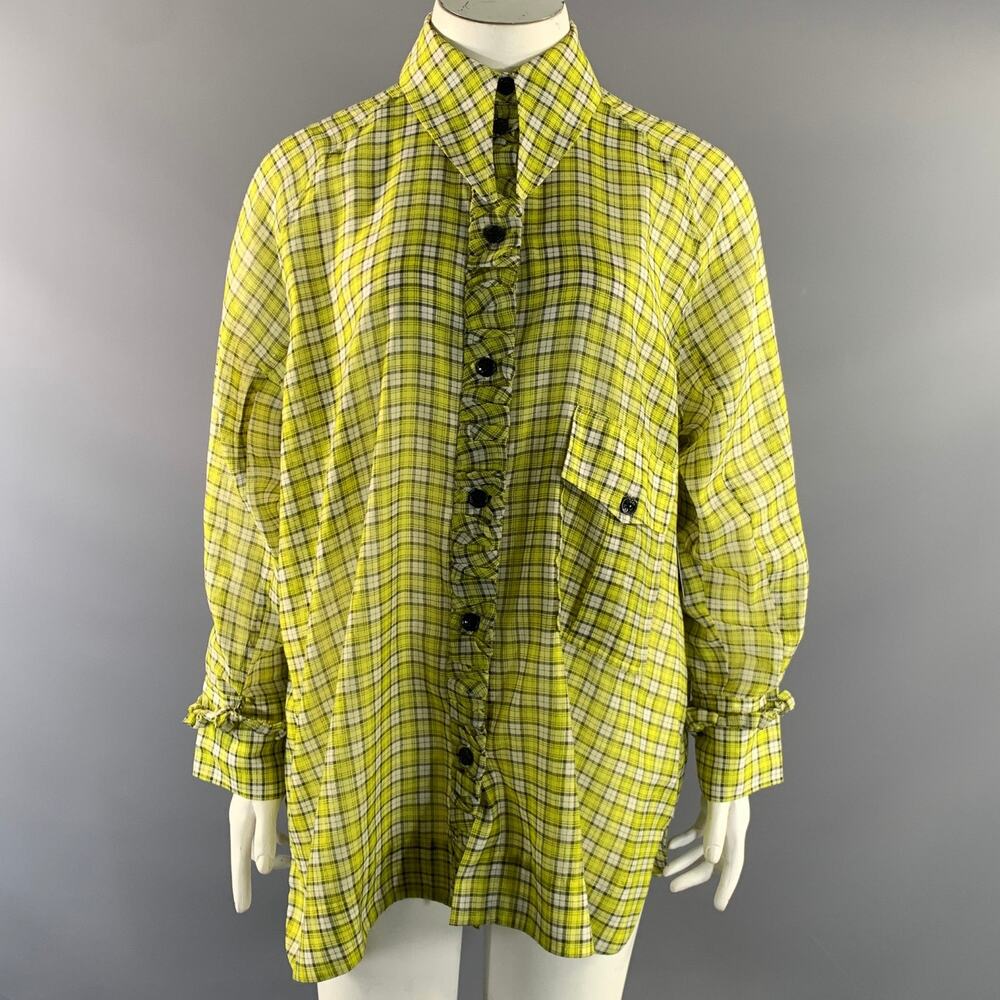 GANNI Size L Yellow White & Black  Plaid Button Up Blouse